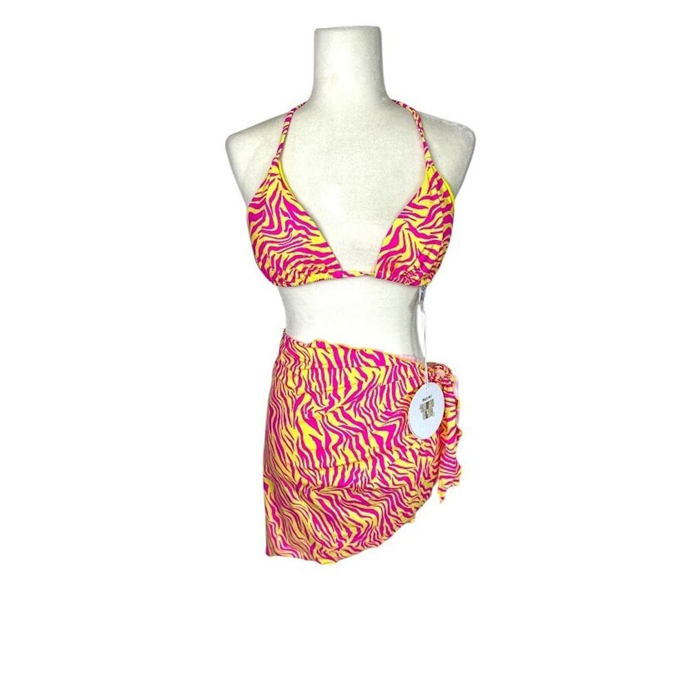 Princess Polly Swim 2 Pc Set Bikini Top Wrap Sarong Skirt Pink Yellow Zebra 10